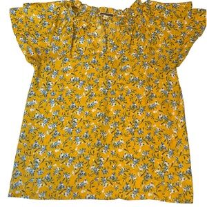 Pleione Prairie Chic Yellow Micro Floral Flutter Sleeve Whimsical Blouse Size M
